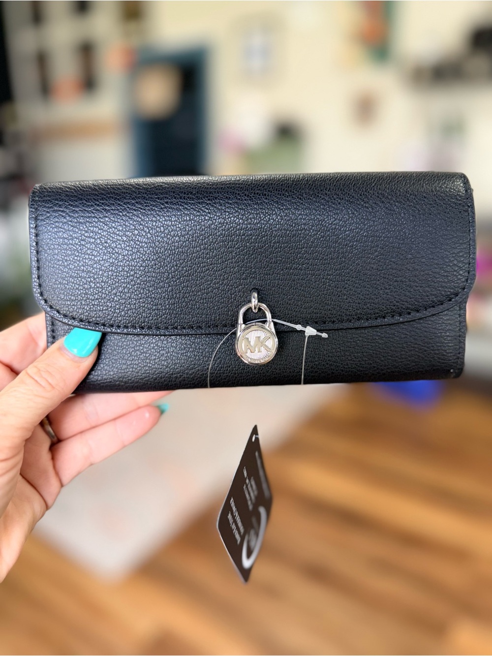 Michael Kors Black Pebbled Leather Wallet with Silver MK Charm NWT